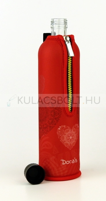 Üvegkulacs (üvegpalack) neoprén huzattal, 500ml - Piros, szív mintás
