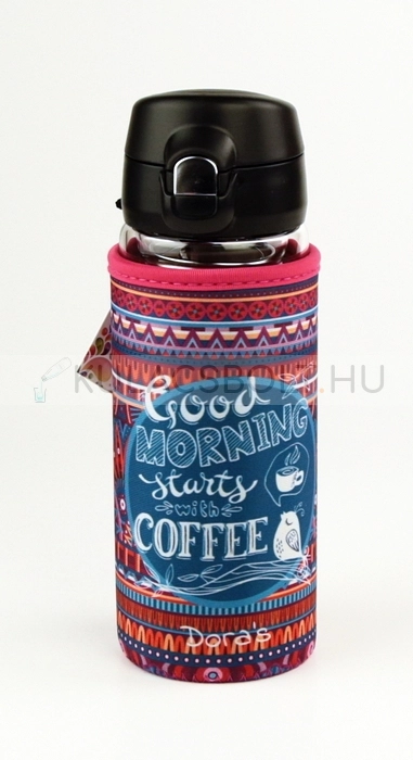 Kávé-, tea üvegkulacs (üvegpalack) kifordítható neoprén huzattal, egykezes kupakkal 380ml (H1281-04K