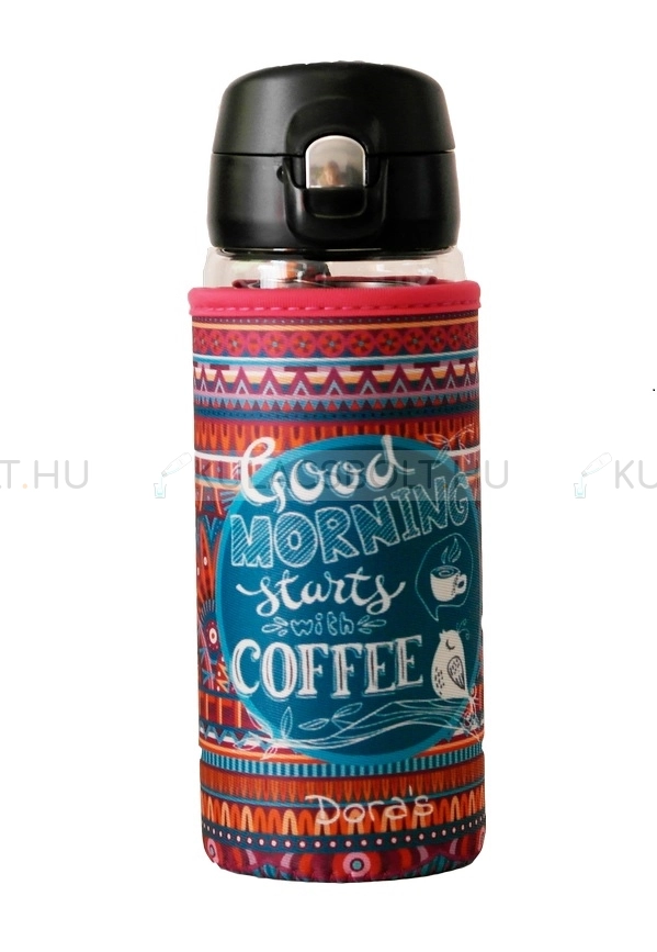 Kávé-, tea üvegkulacs (üvegpalack) kifordítható neoprén huzattal, egykezes kupakkal 380ml (H1281-04K