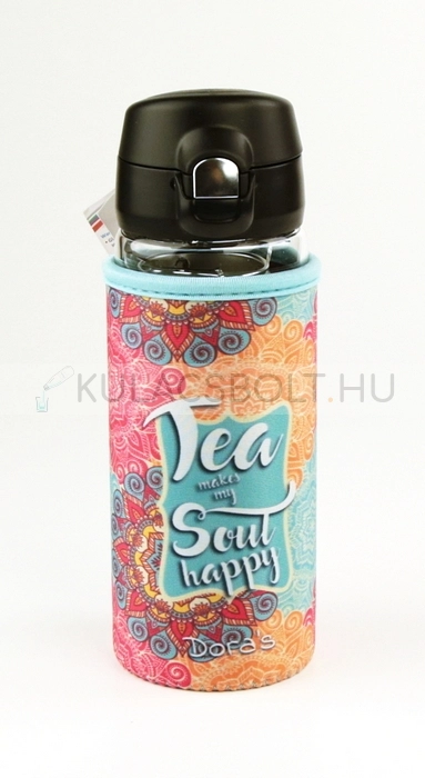 Tea-, kávé üvegkulacs (üvegpalack) kifordítható neoprén huzattal, egykezes kupakkal 380ml (H1281-04)