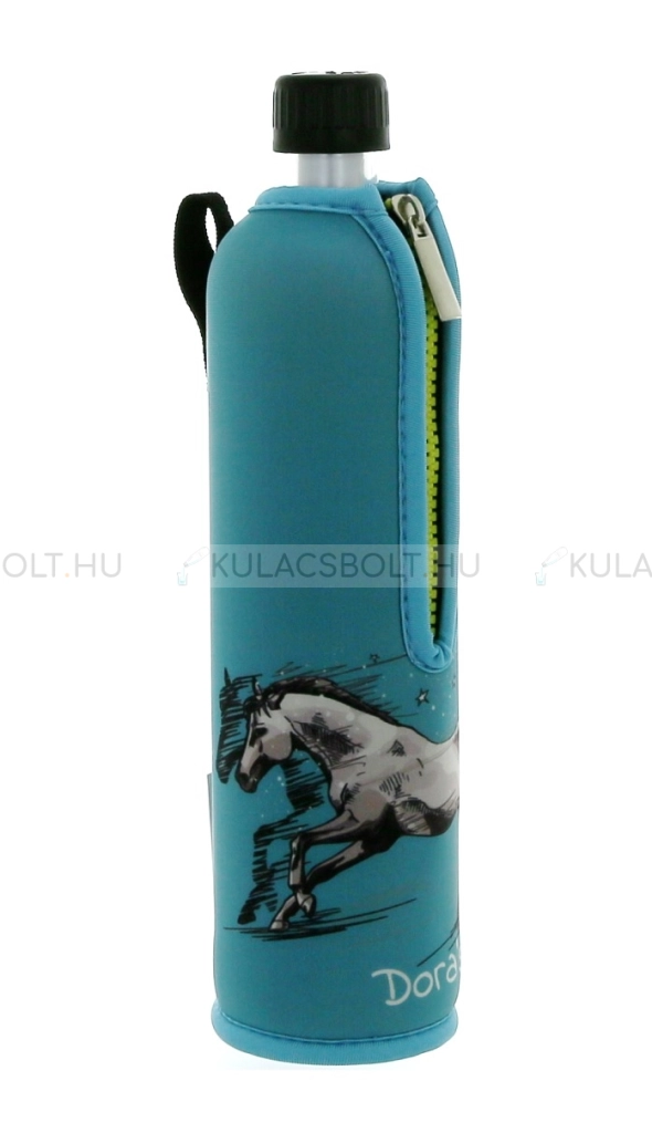 Üvegkulacs (üvegpalack) neoprén huzattal, 500ml - Kék, vágtató ló mintás
