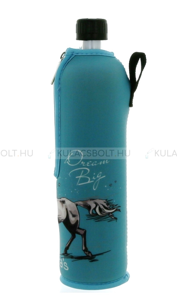 Üvegkulacs (üvegpalack) neoprén huzattal, 500ml - Kék, vágtató ló mintás