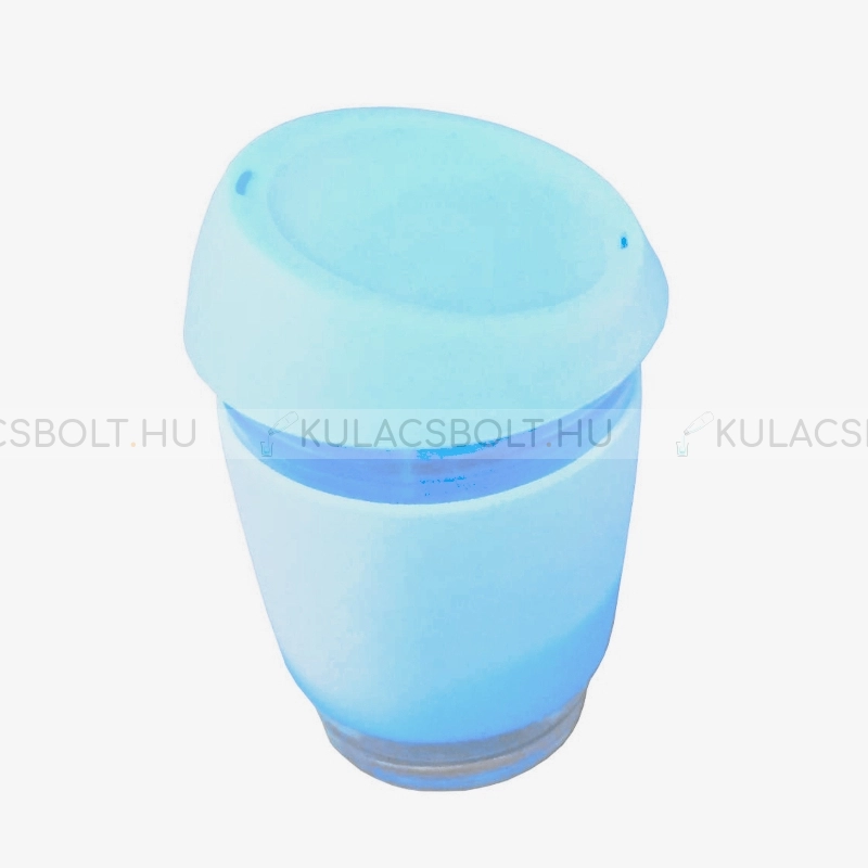 Utazópohár boroszilikát üvegből, szilikon borítással és tetővel, 300ml - Kék