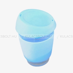 DORAS Utazópohár boroszilikát üvegből, szilikon borítással és tetővel, 300ml - Kék