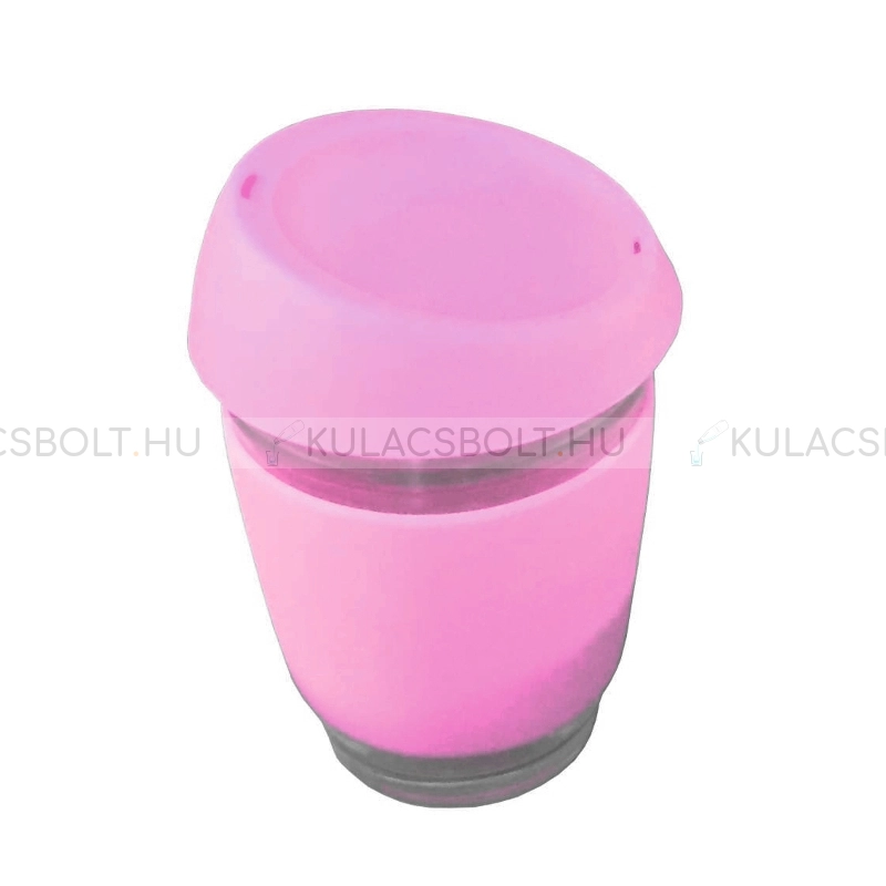 Utazópohár boroszilikát üvegből, szilikon borítással és tetővel, 300ml - Rózsaszín