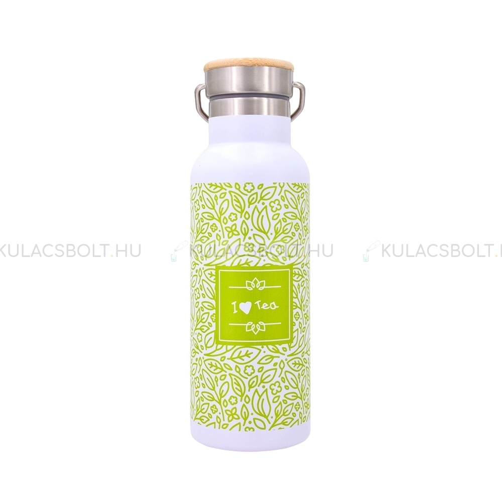 Retro rozsdamentes acél termosz bambusz betétes kupakkal, teszűrővel, füllel 500ml - Zöld leveles