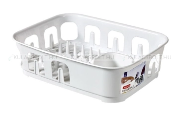 CURVER ESSENTIALS edényszárító, edénycsepegtető 39 × 29 cm, műanyag, rácsos kivitel, tányér és kanáltartóval, fehér színű