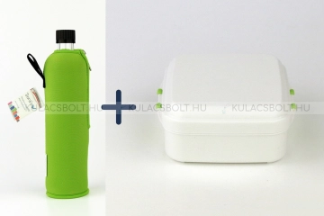 DORAS Uzsonnás szett, üvegkulacs 500 ml neonzöld színű neoprén huzattal és fehér színű bioműanyag uzsonnás doboz