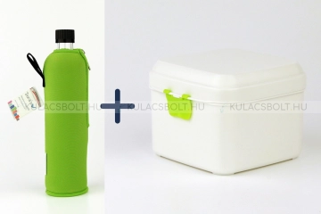 DORAS Uzsonnás szett, üvegkulacs 500 ml neonzöld neoprén huzattal és fehér színű bioműanyag uzsonnás doboz