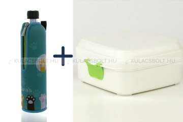 DORAS Uzsonnás szett, üvegkulacs 500 ml, cicamancs mintás neoprén huzattal és fehér színű bioműanyag uzsonnás doboz