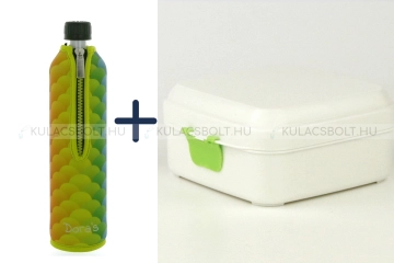 DORAS Uzsonnás szett, üvegkulacs 500 ml színes pikkely mintás neoprén huzattal és fehér színű bioműanyag uzsonnás doboz