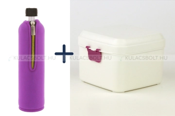 DORAS Uzsonnás szett, üvegkulacs 500 ml lila színű neoprén huzattal és fehér színű bioműanyag uzsonnás doboz