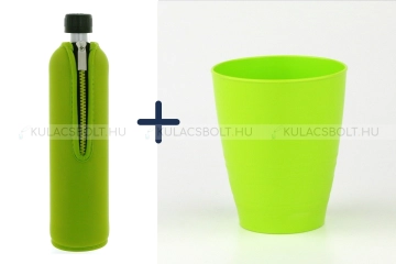 DORAS Kulacs szett, üvegkulacs 500 ml neonzölod színű neoprén huzattal és zöld színű bioműanyag pohár