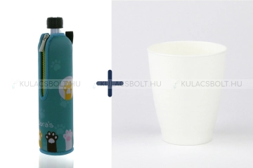 DORAS Kulacs szett, üvegkulacs 500 ml kék, cicamancs mintával és fehér színű bioműanyag pohár