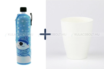 DORAS Kulacs szett, üvegkulacs 500 ml kék, jegesmedve mintás neoprén huzattal és fehér színű bioműanyag pohár
