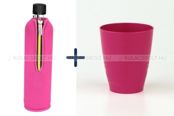 DORAS Kulacs szett, üvegkulacs 500 ml rózsaszín neoprén huzattal és magneta színű bioműanyag pohár