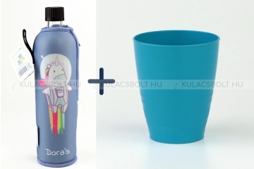 DORAS Kulacs szett, üvegkulacs 500 ml, kék alapon egyszarvú mintás neoprén huzattal és kék színű bioműanyag pohár